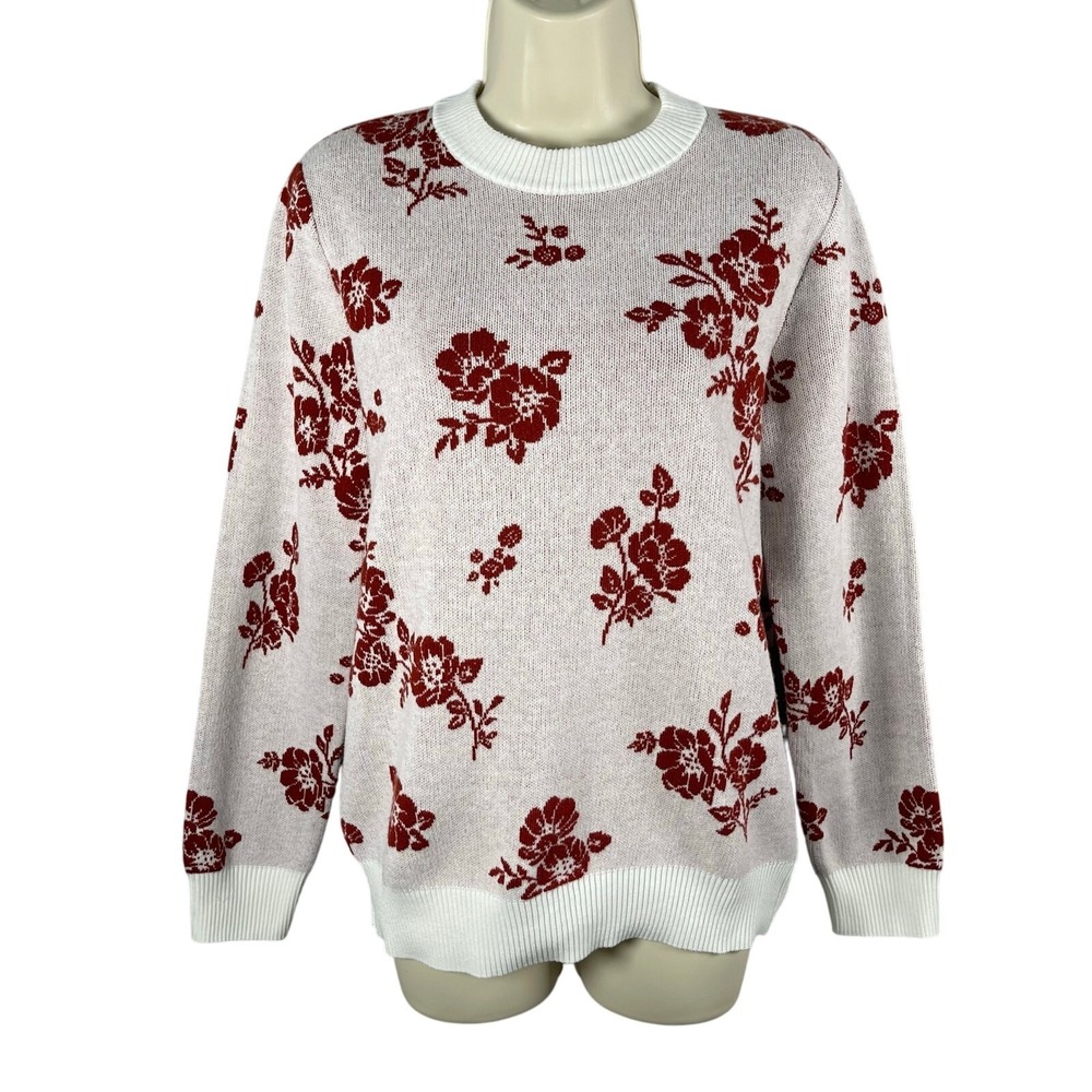 Berkley Jensen Sweater Women Medium White Red Floral Crew Neck Knit Cottage Fall